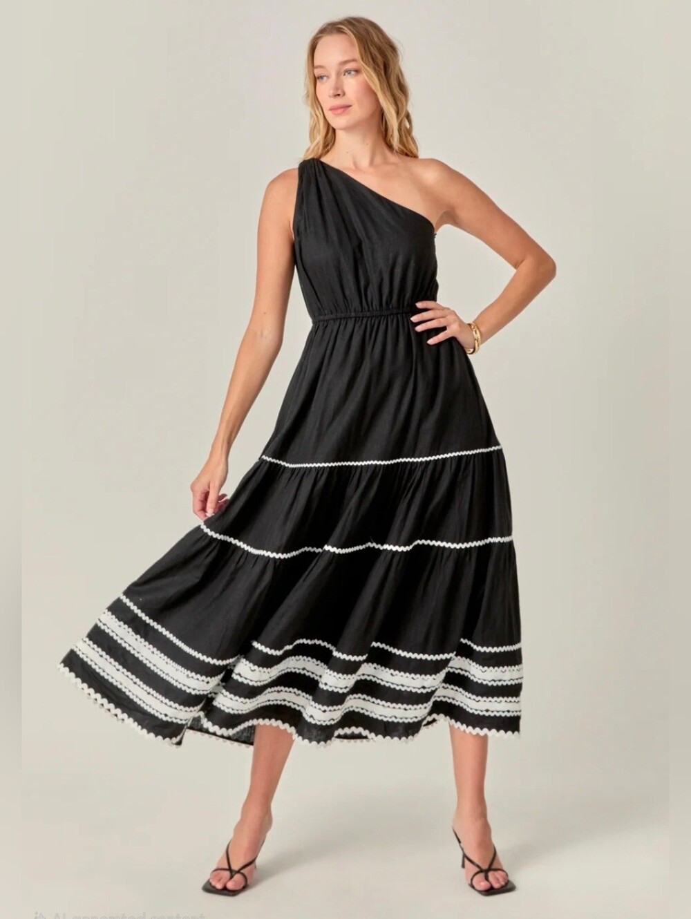 English Factory Linen Blend Scallop Lace One Shoulder Maxi Dress Size Small NWT